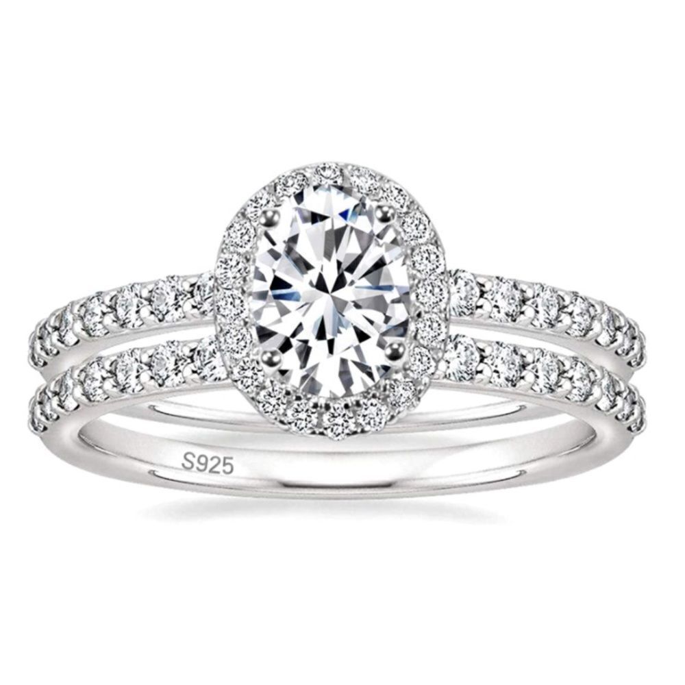 .925 Sterling Silver and Oval White Diamond Cubic Zirconia Wedding Ring Band Set
